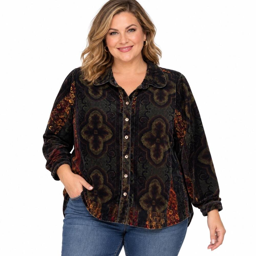 Soft Surroundings Tunic Blouse Womens Petite PXL Multicolor Velvet Long Sleeve